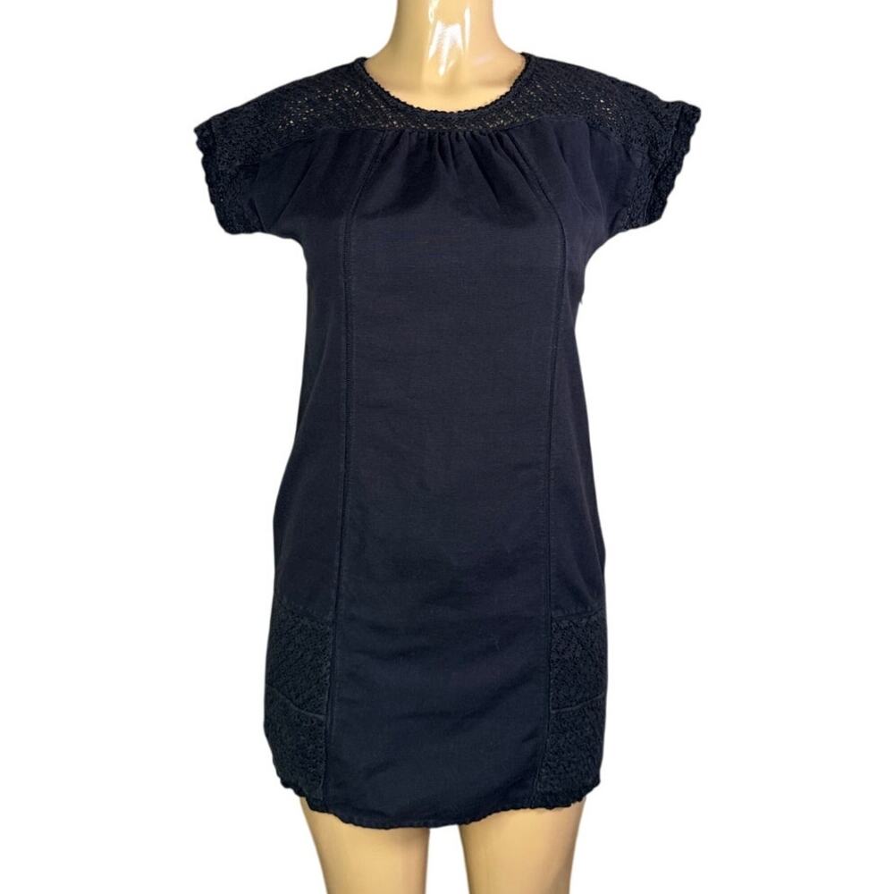 Girls From Savoy Black Linen Dress Crochet Short Sleeve Size Small 4 6